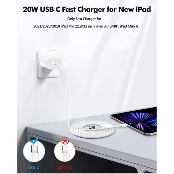 20W USB-C Charger With 6.6 FT C-C Cable for iPad - Picture 2 of 7